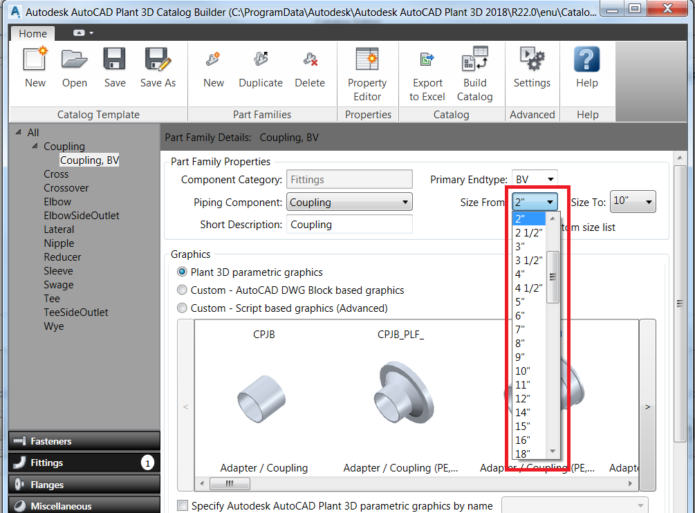 Plant 3D Catalog builder custom sizes from the Nominaldiametermap.csv