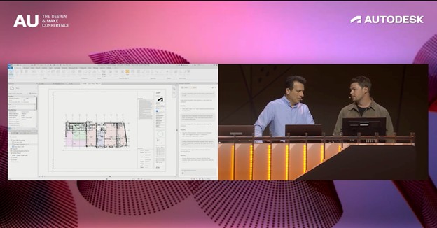Andrew Anagnost and Matt Arsenault, Principal Product Manager for Forma Connected Clients, showcasing live at AU 2025 how Autodesk Assistant seamlessly integrates with Revit to enhance design workflows