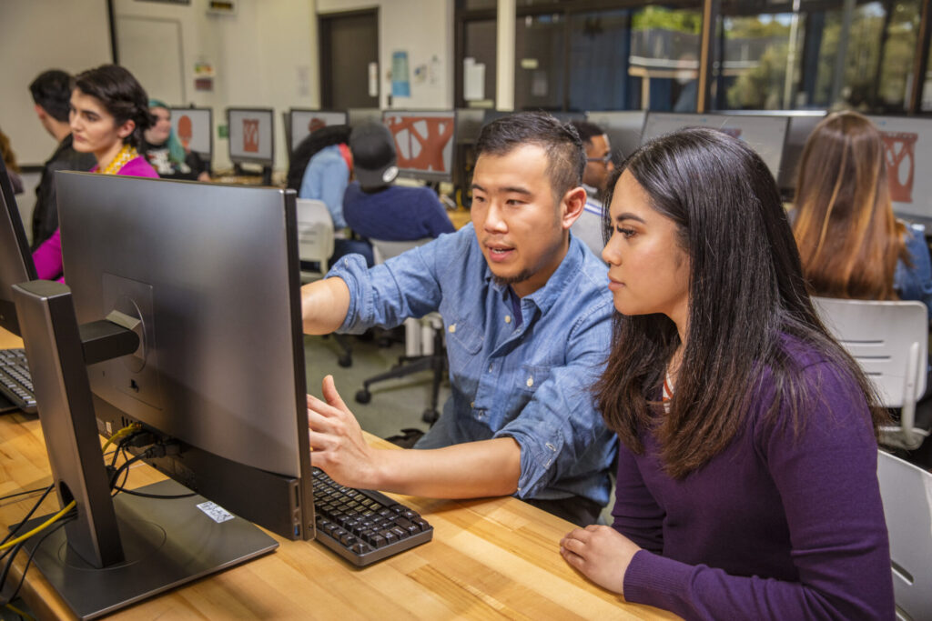 Classroom at Diablo Valley College in Pleasant Hill, California. Students and teachers are working with Fusion.