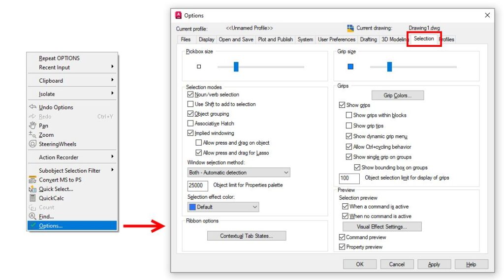 Screenshot of options dialog box in AutoCAD