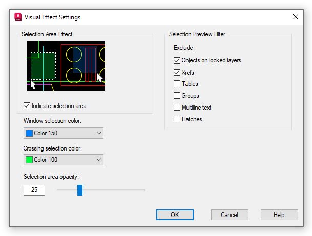 Screenshot of Visual Effects Settings dialog box in AutoCAD