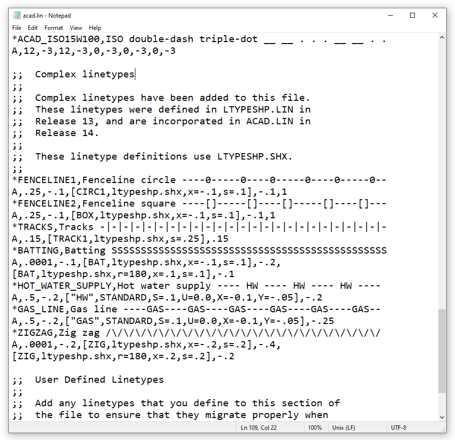 ACAD.lin file screenshot