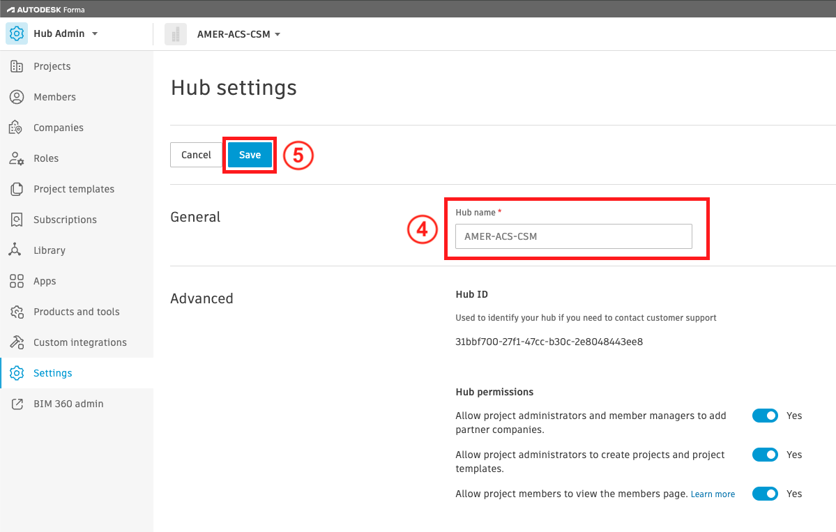 how to change autodesk forma hub name - step 4 and 5