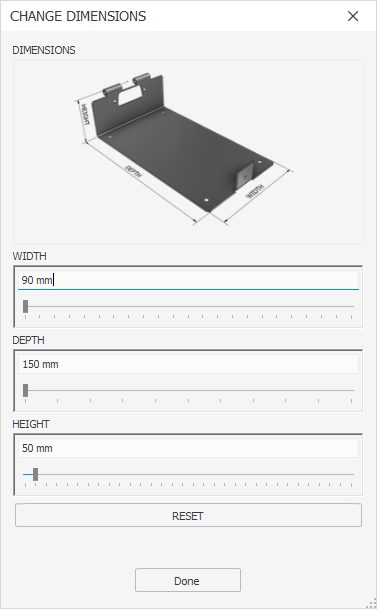 An image of Autodesk Inventor iLogic form user interface to control the dimensions of a part