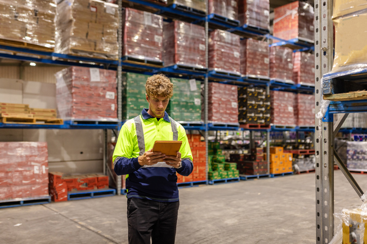 Man doing inventory management in warehouse.