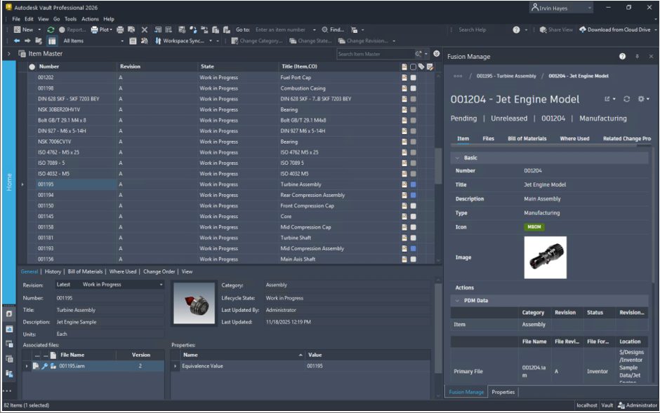 Jet engine model data in Autodesk Vault.