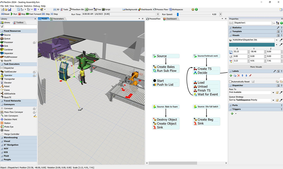 FlexSim’s drag-and-drop layout, library of pre-built objects, and code-free logic environment simplify factory simulation. 