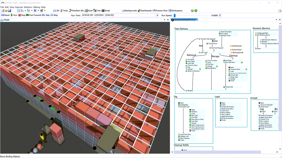 FlexSim is a 3D discrete-event simulation software that models and analyzes how a factory operates over time.