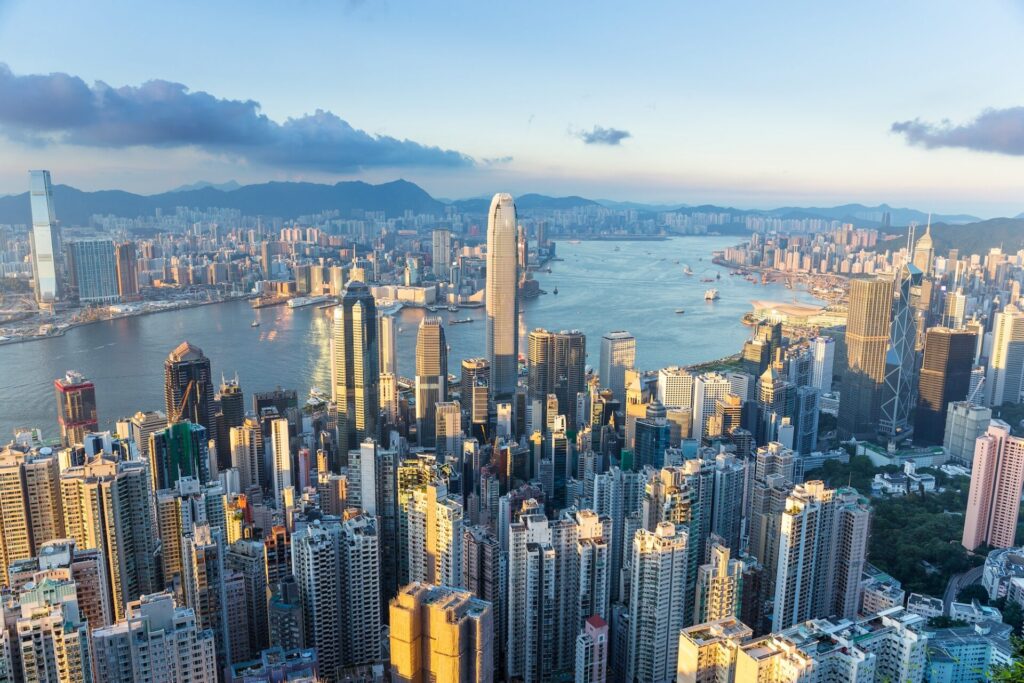 Hong Kong city skyscrapers with sunset