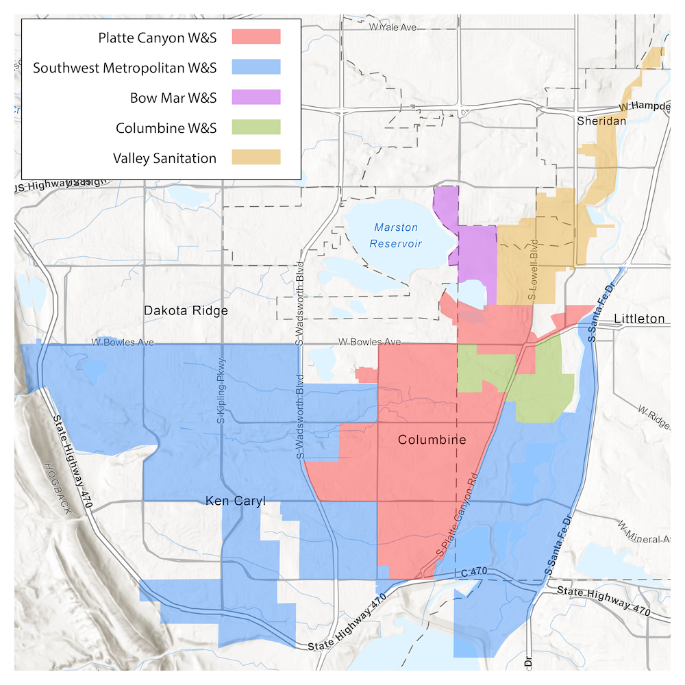 Map of the five water and sanitation districts managed by Platte Canyon in the Denver area.