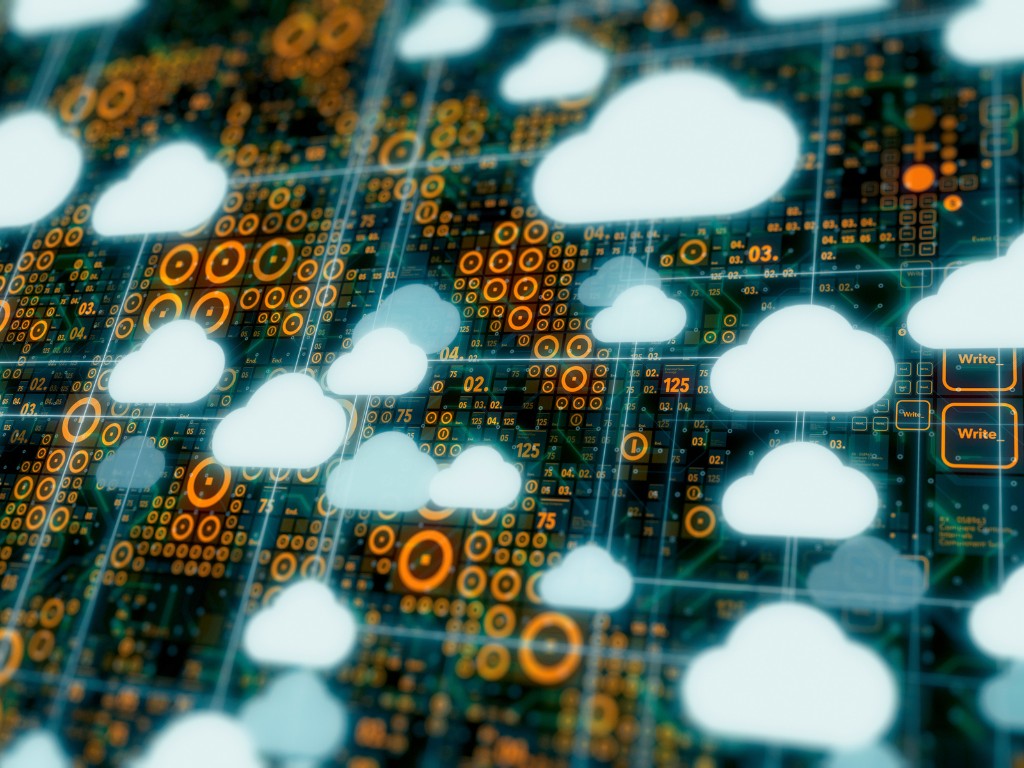 Abstract illustration of cloud computing, with glowing white cloud icons layered over a digital interface filled with orange data points, charts, and control panels.