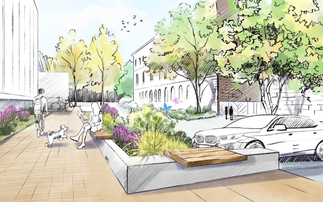 illustration of sustainable drainage project. The image shows a bioswale, which is a landscaped feature designed to manage stormwater runoff and promote groundwater recharge. The bioswale includes a variety of plants and grasses that help filter pollutants from the water. The area is green and lush, with various types of vegetation interspersed throughout. The ground has a gentle slope directing water flow toward the plants, which aids in natural water purification and absorption. The setting appears to be part of an urban or suburban environment, with some paved surfaces visible nearby.