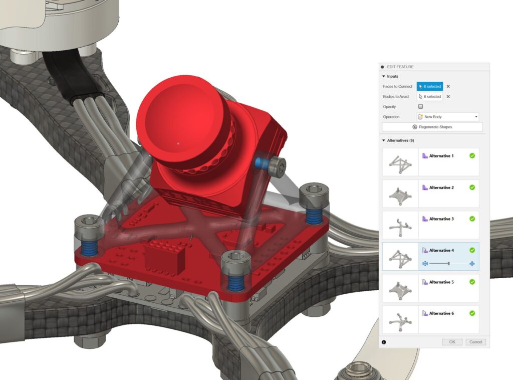 Automated modeling in Autodesk Fusion drone camera mount