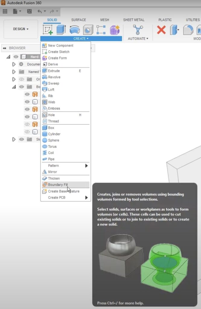 Boundary fill tool in Autodesk Fusion