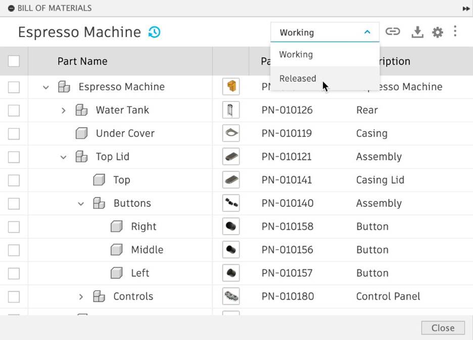 BOM management in Autodesk Fusion.