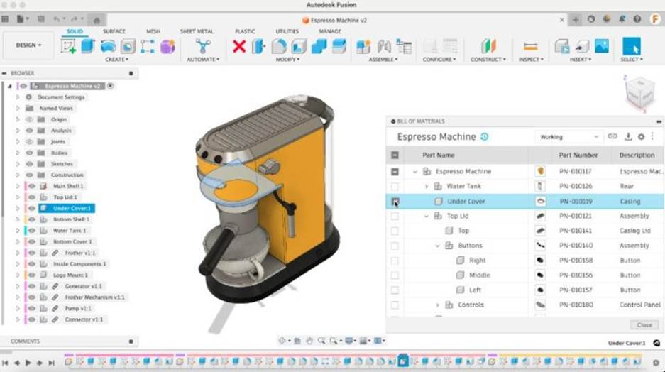 Integrated BOM in Autodesk Fusion.