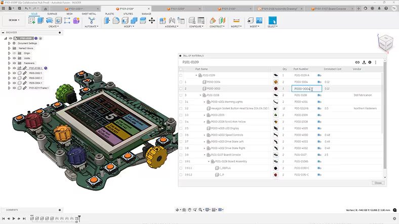 Bill of materials management in Autodesk Fusion.