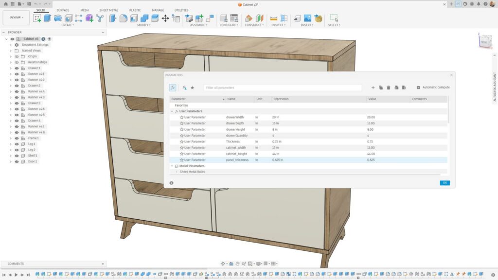 Cabinet parameters in Autodesk Fusion