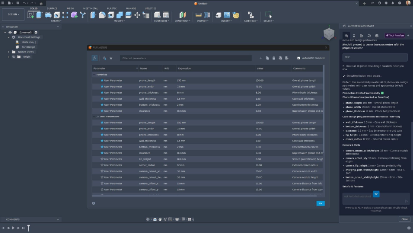 Parameters table in Autodesk Fusion