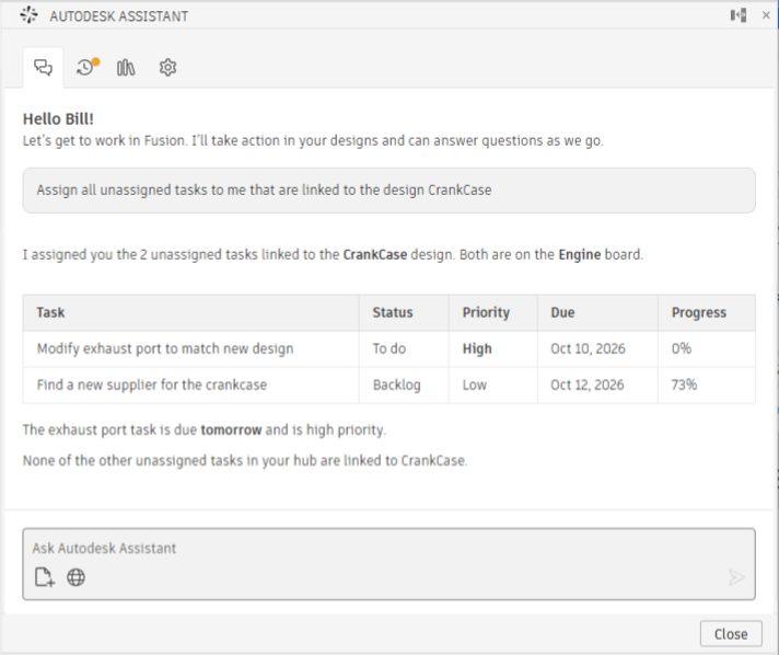 Autodesk Assistant in Fusion assigning unassigned tasks linked to the CrankCase design