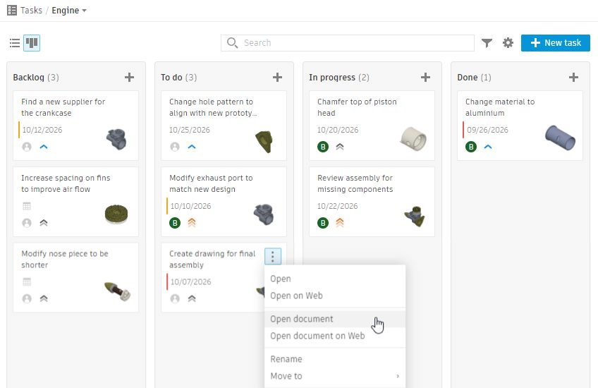 Fusion Task Management Kanban board with Backlog, To do, In progress, and Done columns