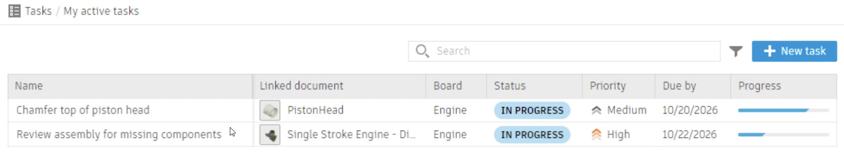 My active tasks list in Fusion showing linked documents, status, priority, and due dates