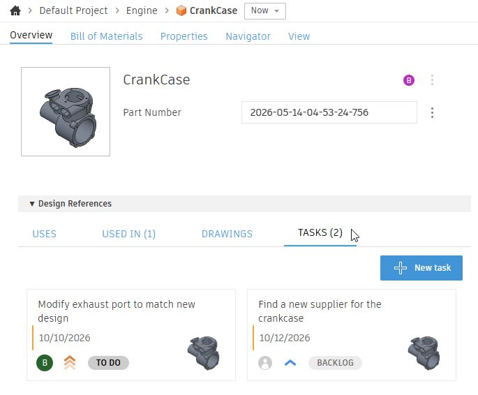Fusion design page showing the Tasks tab with two tasks linked to the CrankCase design